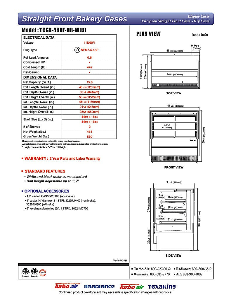 Turbo Air TCGB-48UF-DR-B 48" Straight Glass Full-Service Dry Bakery Display Case, 3 Levels, Black Exterior, 115v - Donut-Equipment.com
