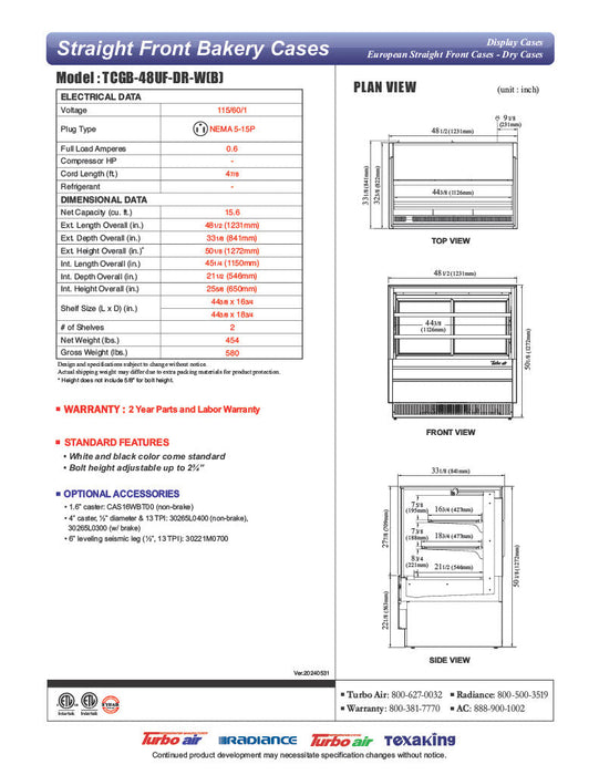Turbo Air TCGB-48UF-DR-B 48" Straight Glass Full-Service Dry Bakery Display Case, 3 Levels, Black Exterior, 115v - Bakery Wholesalers