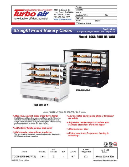 Turbo Air TCGB-60UF-DR-W 60" Straight Glass Full-Service Dry Bakery Display Case, 3 Levels, White Exterior, 115v - Bakery Wholesalers