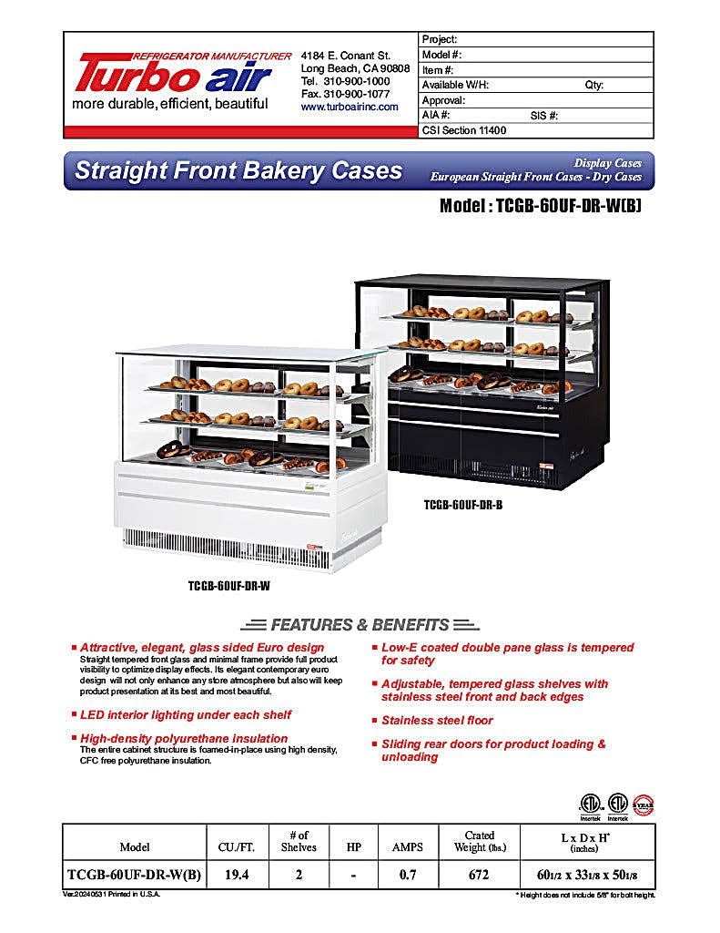 Turbo Air TCGB-60UF-DR-B 60" Straight Glass Full-Service Dry Bakery Display Case, 3 Levels, Black Exterior, 115v - Donut-Equipment.com