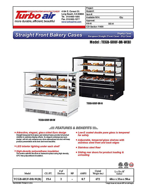 Turbo Air TCGB-60UF-DR-B 60" Straight Glass Full-Service Dry Bakery Display Case, 3 Levels, Black Exterior, 115v - Donut-Equipment.com