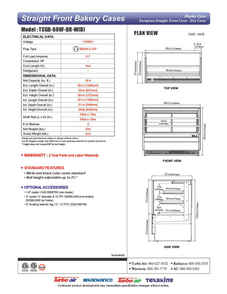 Turbo Air TCGB-60UF-DR-B 60" Straight Glass Full-Service Dry Bakery Display Case, 3 Levels, Black Exterior, 115v - Donut-Equipment.com