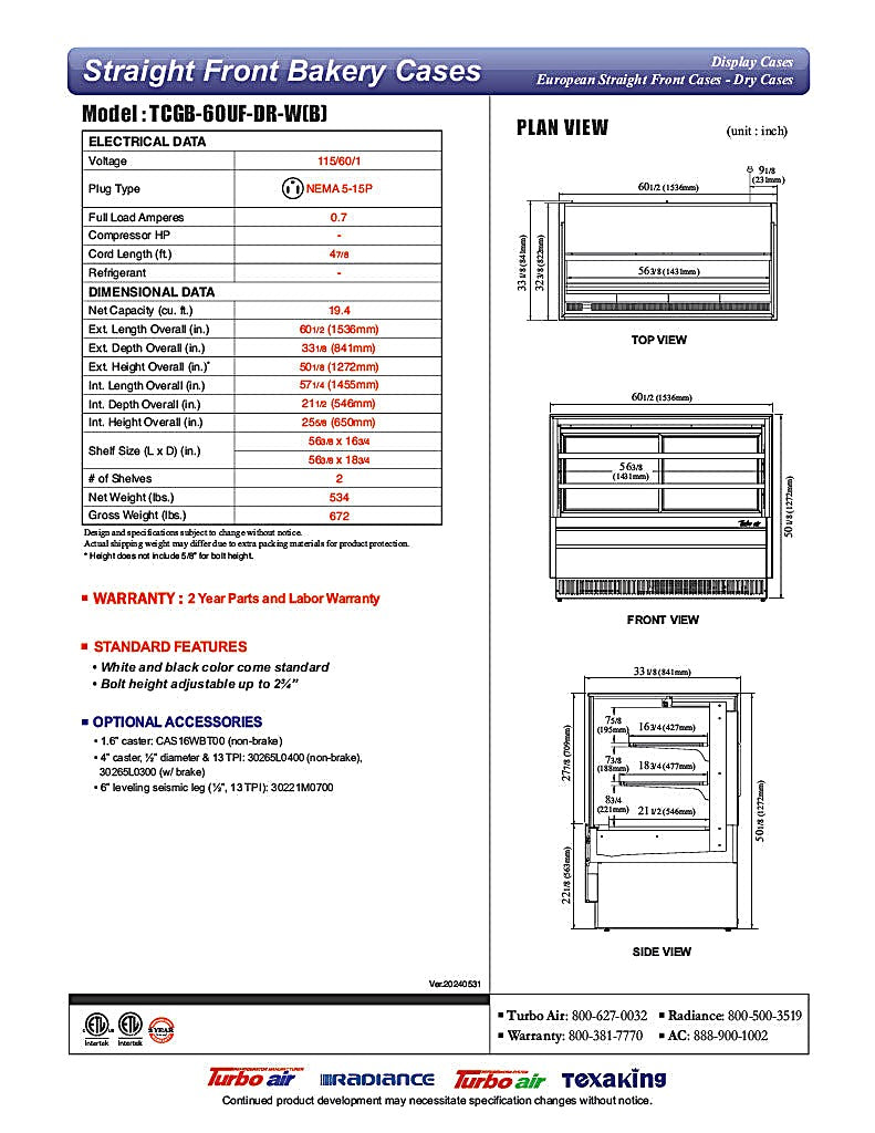 Turbo Air TCGB-60UF-DR-B 60" Straight Glass Full-Service Dry Bakery Display Case, 3 Levels, Black Exterior, 115v - Donut-Equipment.com