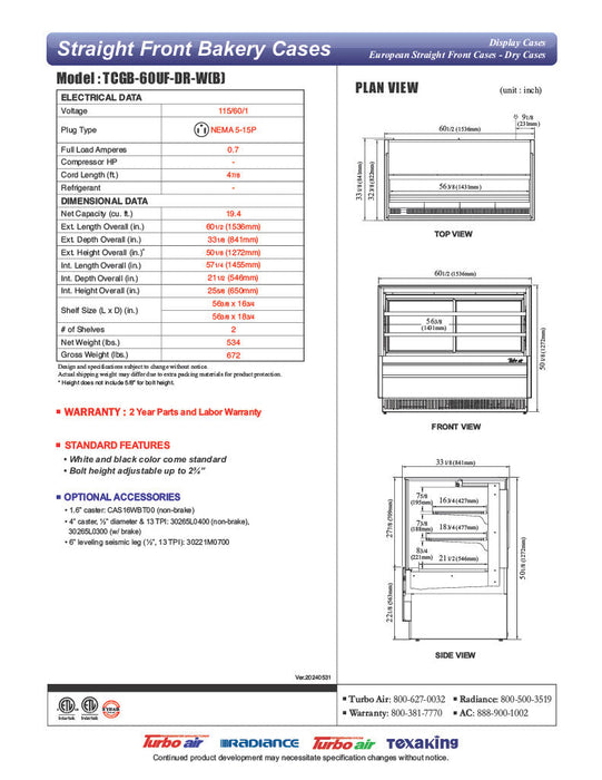 Turbo Air TCGB-60UF-DR-B 60" Straight Glass Full-Service Dry Bakery Display Case, 3 Levels, Black Exterior, 115v - Bakery Wholesalers