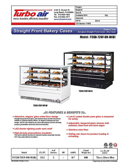 Turbo Air TCGB-72UF-DR-B 72" Straight Glass Full-Service Dry Bakery Display Case, 3 Levels, Black Exterior, 115v - Donut-Equipment.com