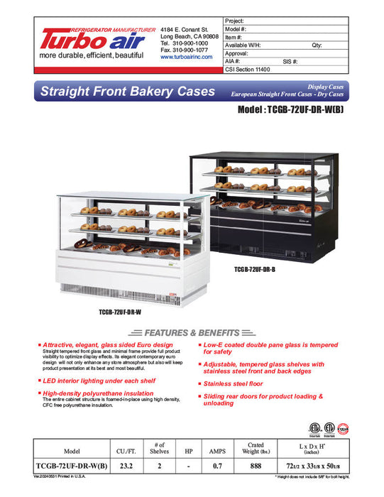 Turbo Air TCGB-72UF-DR-B 72" Straight Glass Full-Service Dry Bakery Display Case, 3 Levels, Black Exterior, 115v - Bakery Wholesalers