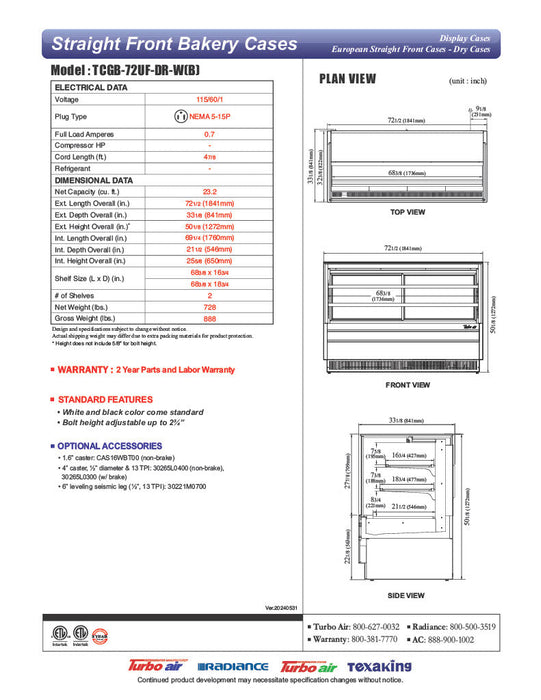 Turbo Air TCGB-72UF-DR-W 72" Straight Glass Full-Service Dry Bakery Display Case, 3 Levels, White Exterior, 115v - Bakery Wholesalers