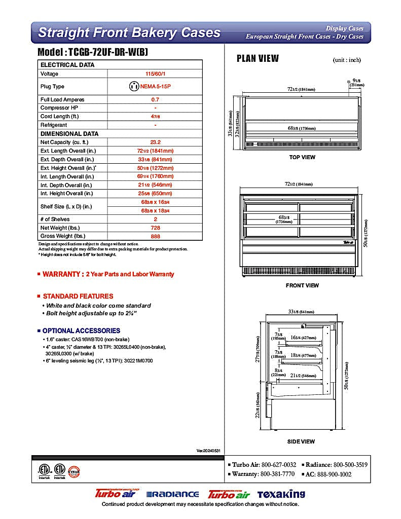 Turbo Air TCGB-72UF-DR-B 72" Straight Glass Full-Service Dry Bakery Display Case, 3 Levels, Black Exterior, 115v - Donut-Equipment.com