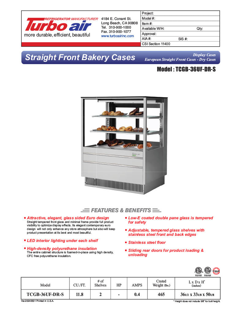 Turbo Air TCGB-36UF-DR-S 36" Straight Glass Full-Service Dry Bakery Display Case, 3 Levels, Stainless Steel Exterior, 115v - Donut-Equipment.com