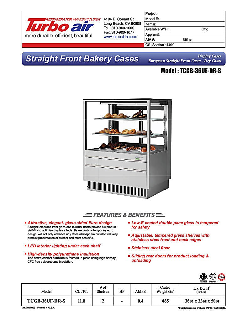 Turbo Air TCGB-36UF-DR-S 36" Straight Glass Full-Service Dry Bakery Display Case, 3 Levels, Stainless Steel Exterior, 115v - Donut-Equipment.com
