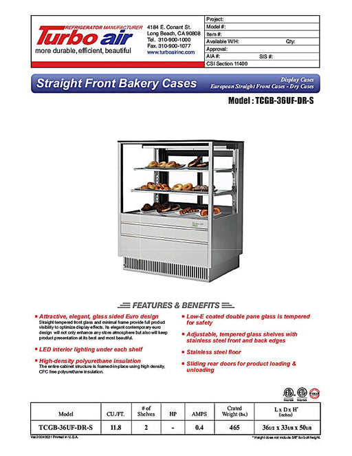 Turbo Air TCGB-36UF-DR-S 36" Straight Glass Full-Service Dry Bakery Display Case, 3 Levels, Stainless Steel Exterior, 115v - Donut-Equipment.com