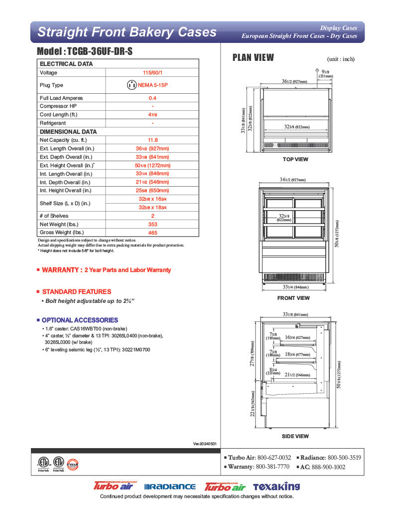 Turbo Air TCGB-36UF-DR-S 36" Straight Glass Full-Service Dry Bakery Display Case, 3 Levels, Stainless Steel Exterior, 115v - Donut-Equipment.com