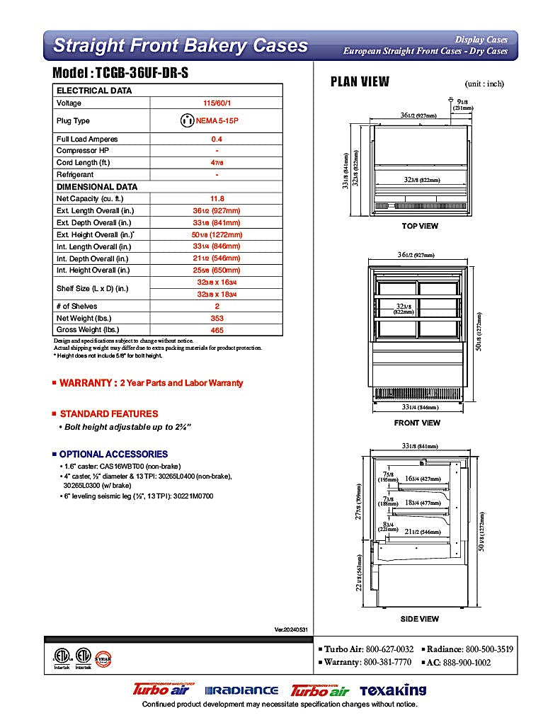 Turbo Air TCGB-36UF-DR-S 36" Straight Glass Full-Service Dry Bakery Display Case, 3 Levels, Stainless Steel Exterior, 115v - Donut-Equipment.com