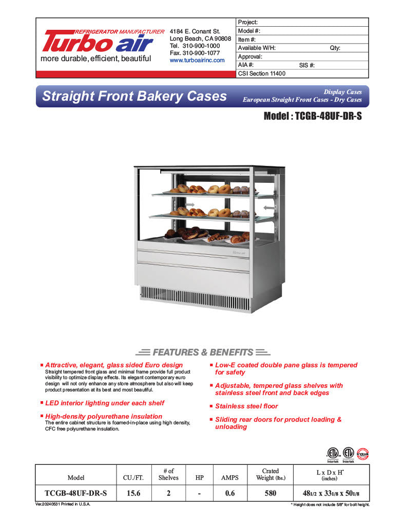 Turbo Air TCGB-48UF-DR-S 48" Straight Glass Full-Service Dry Bakery Display Case, 3 Levels, Stainless Steel Exterior, 115v - Donut-Equipment.com