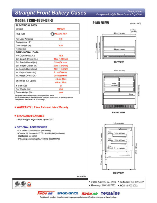 Turbo Air TCGB-48UF-DR-S 48" Straight Glass Full-Service Dry Bakery Display Case, 3 Levels, Stainless Steel Exterior, 115v - Bakery Wholesalers