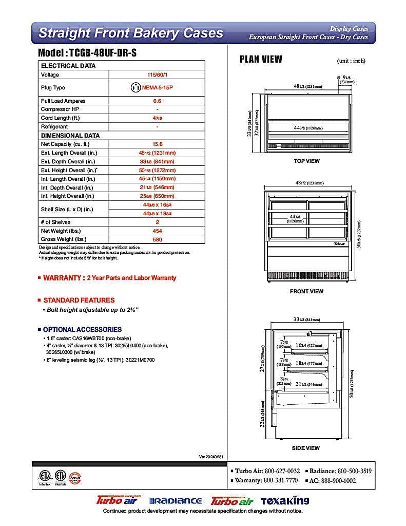 Turbo Air TCGB-48UF-DR-S 48" Straight Glass Full-Service Dry Bakery Display Case, 3 Levels, Stainless Steel Exterior, 115v - Donut-Equipment.com