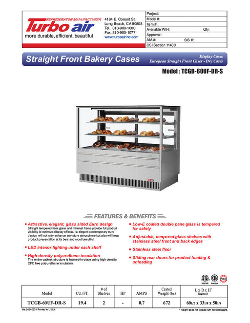 Turbo Air TCGB-60UF-DR-S 60-1/2" Straight Glass Full-Service Dry Bakery Display Case, 3 Levels, Stainless Steel Exterior, 115v - Bakery Wholesalers