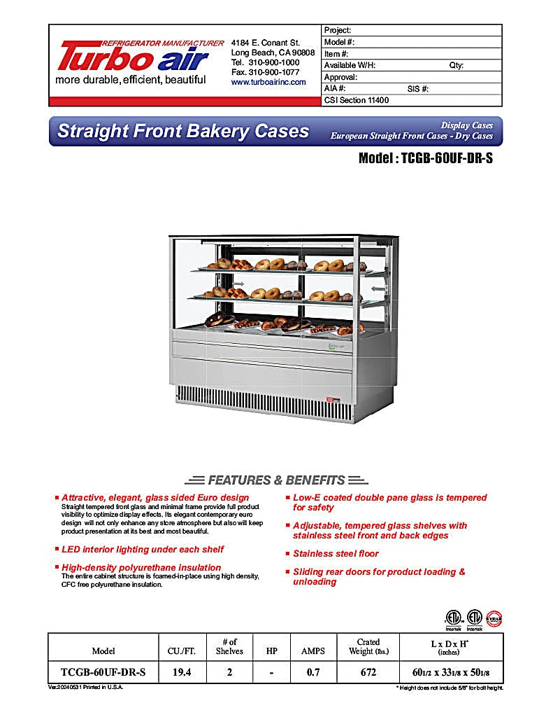 Turbo Air TCGB-60UF-DR-S 60-1/2" Straight Glass Full-Service Dry Bakery Display Case, 3 Levels, Stainless Steel Exterior, 115v - Donut-Equipment.com