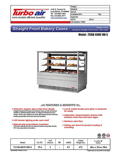Turbo Air TCGB-60UF-DR-S 60-1/2" Straight Glass Full-Service Dry Bakery Display Case, 3 Levels, Stainless Steel Exterior, 115v - Donut-Equipment.com