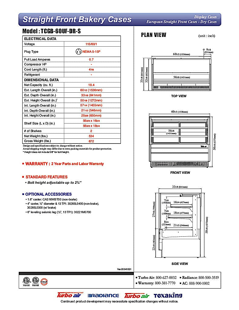 Turbo Air TCGB-60UF-DR-S 60-1/2" Straight Glass Full-Service Dry Bakery Display Case, 3 Levels, Stainless Steel Exterior, 115v - Donut-Equipment.com