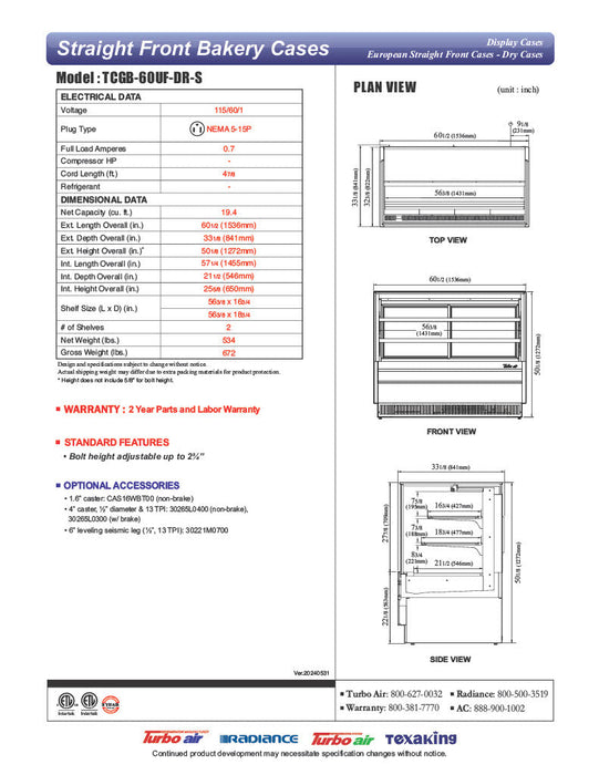 Turbo Air TCGB-60UF-DR-S 60-1/2" Straight Glass Full-Service Dry Bakery Display Case, 3 Levels, Stainless Steel Exterior, 115v - Bakery Wholesalers