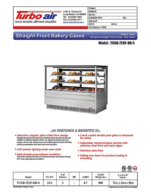 Turbo Air TCGB-72UF-DR-S 72" Straight Glass Full-Service Dry Bakery Display Case, 3 Levels, Stainless Steel Exterior, 115v - Donut-Equipment.com