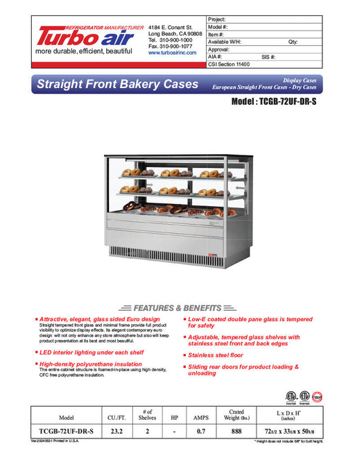 Turbo Air TCGB-72UF-DR-S 72" Straight Glass Full-Service Dry Bakery Display Case, 3 Levels, Stainless Steel Exterior, 115v - Bakery Wholesalers