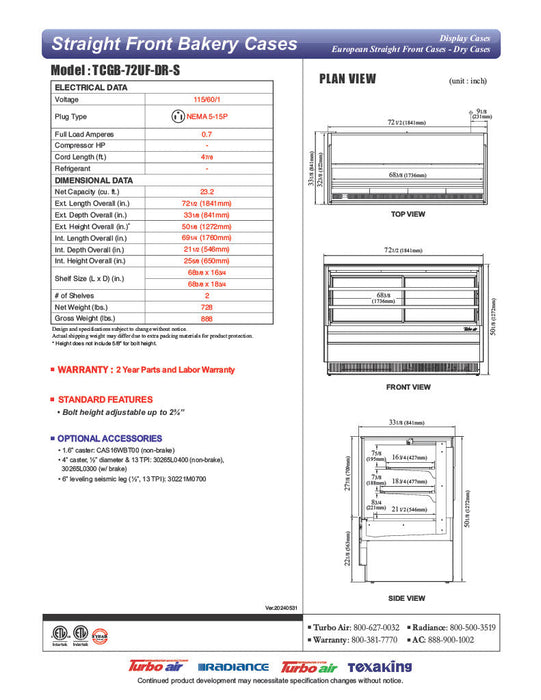 Turbo Air TCGB-72UF-DR-S 72" Straight Glass Full-Service Dry Bakery Display Case, 3 Levels, Stainless Steel Exterior, 115v - Bakery Wholesalers