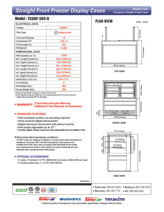 Turbo Air TCGBF-50S-N 49-5/8" Straight Glass Full-Service Freezer Bakery Display Case, 3 Levels, Stainless Steel Exterior, 220v/1ph - Bakery Wholesalers