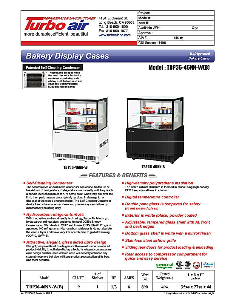 Turbo Air TBP36-46NN-B 35-3/8" Refrigerated Straight Glass Full-Service Bakery Display Case, 2 Levels, Black Exterior, 115v - Donut-Equipment.com
