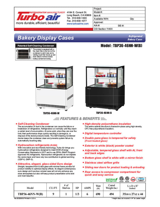 Turbo Air TBP36-46NN-B 35-3/8" Refrigerated Straight Glass Full-Service Bakery Display Case, 2 Levels, Black Exterior, 115v - Bakery Wholesalers