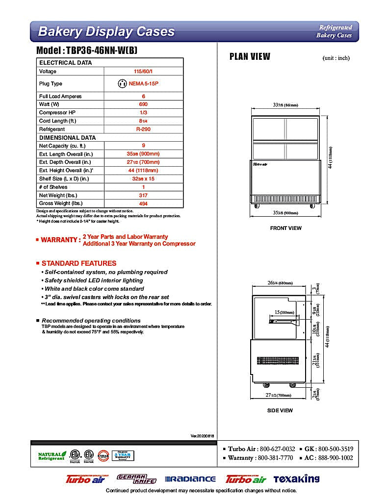 Turbo Air TBP36-46NN-B 35-3/8" Refrigerated Straight Glass Full-Service Bakery Display Case, 2 Levels, Black Exterior, 115v - Donut-Equipment.com