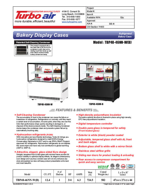 Turbo Air TBP48-46NN-B 47-1/4" Refrigerated Straight Glass Full-Service Bakery Display Case, 2 Levels, Black Exterior, 115v - Bakery Wholesalers