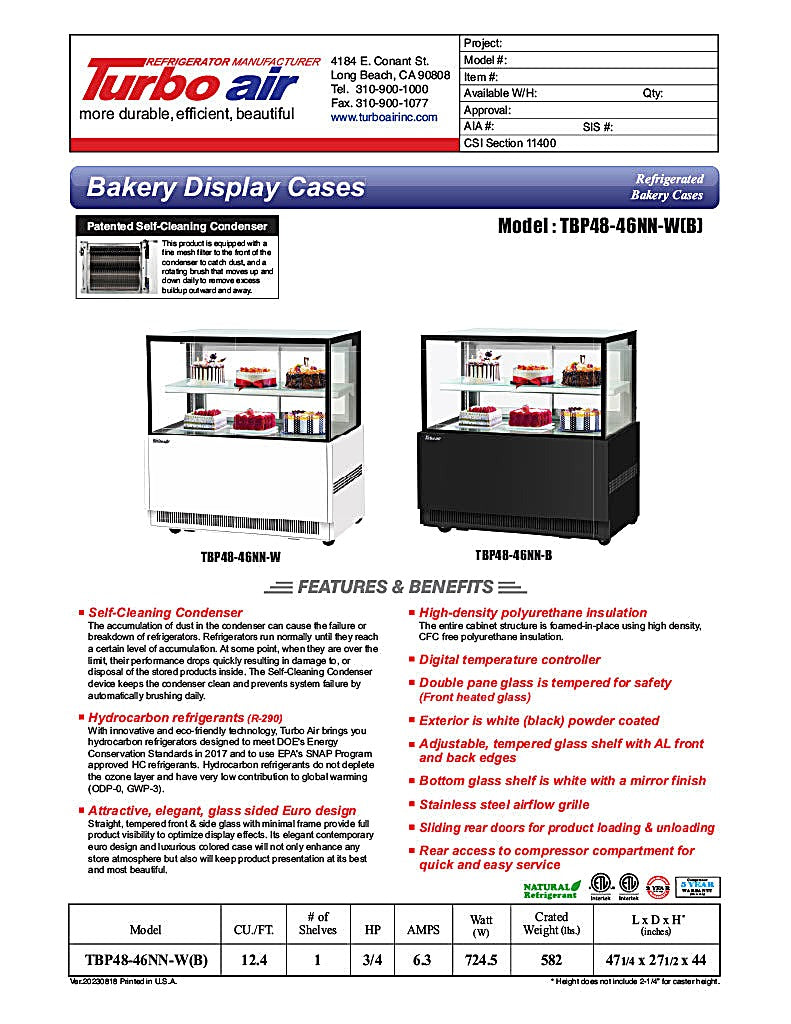 Turbo Air TBP48-46NN-B 47-1/4" Refrigerated Straight Glass Full-Service Bakery Display Case, 2 Levels, Black Exterior, 115v - Donut-Equipment.com