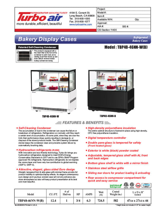 Turbo Air TBP48-46NN-B 47-1/4" Refrigerated Straight Glass Full-Service Bakery Display Case, 2 Levels, Black Exterior, 115v - Donut-Equipment.com