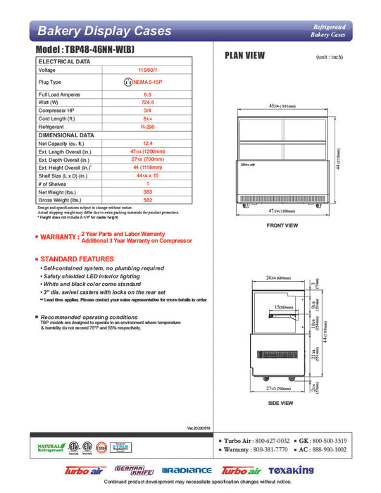 Turbo Air TBP48-46NN-B 47-1/4" Refrigerated Straight Glass Full-Service Bakery Display Case, 2 Levels, Black Exterior, 115v - Bakery Wholesalers
