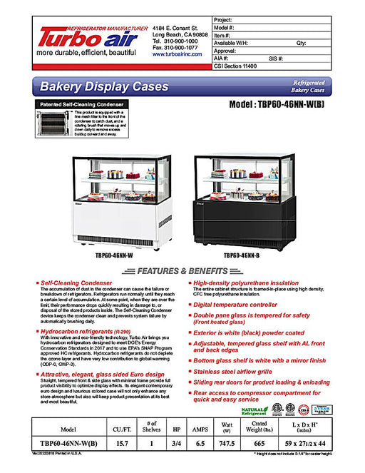 Turbo Air TBP60-46NN-B 59" Straight Glass Full-Service Bakery Display Case, 2 Levels, Black Exterior, 115v - Donut-Equipment.com