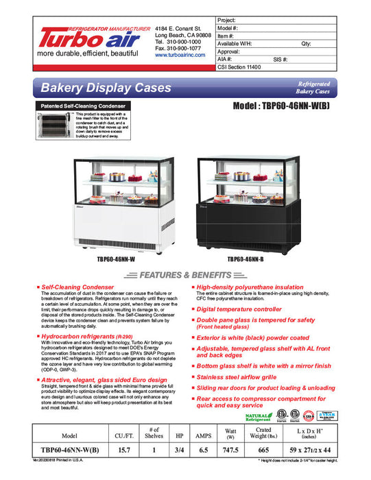 Turbo Air TBP60-46NN-B 59" Straight Glass Full-Service Bakery Display Case, 2 Levels, Black Exterior, 115v - Bakery Wholesalers
