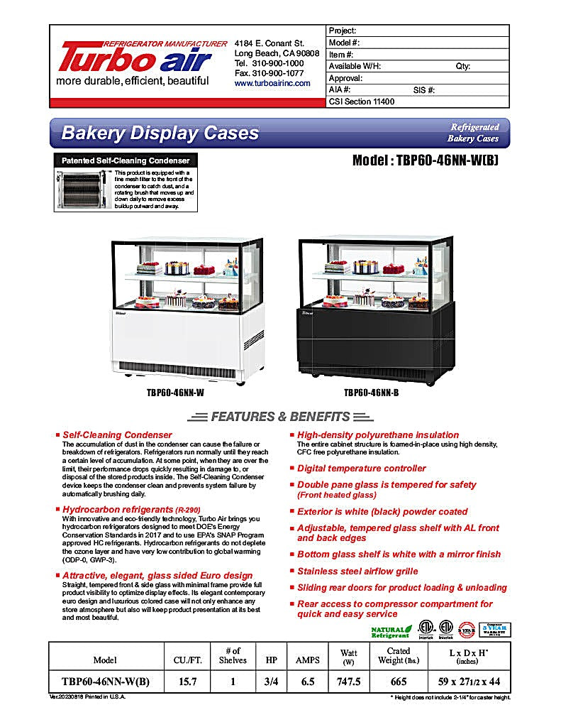 Turbo Air TBP60-46NN-B 59" Straight Glass Full-Service Bakery Display Case, 2 Levels, Black Exterior, 115v - Donut-Equipment.com