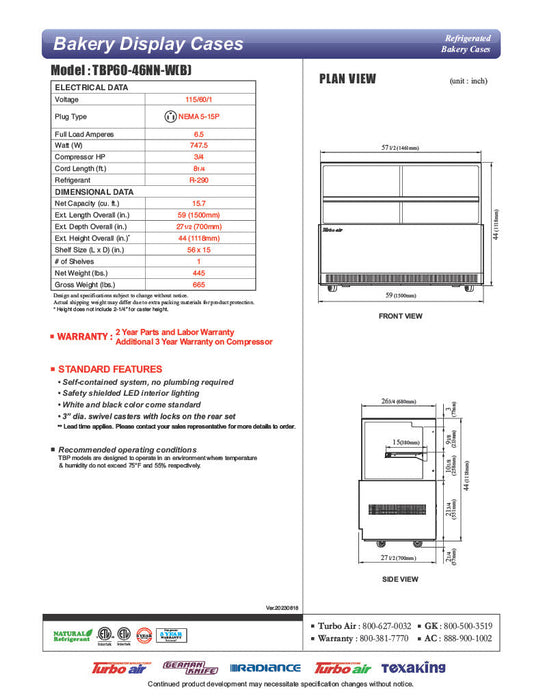 Turbo Air TBP60-46NN-B 59" Straight Glass Full-Service Bakery Display Case, 2 Levels, Black Exterior, 115v - Bakery Wholesalers