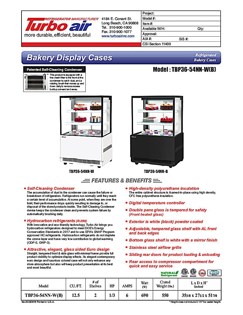 Turbo Air TBP36-54NN-B 35-3/8" Straight Glass Full-Service Bakery Display Case, 3 Levels, Black Exterior, 115v - Donut-Equipment.com