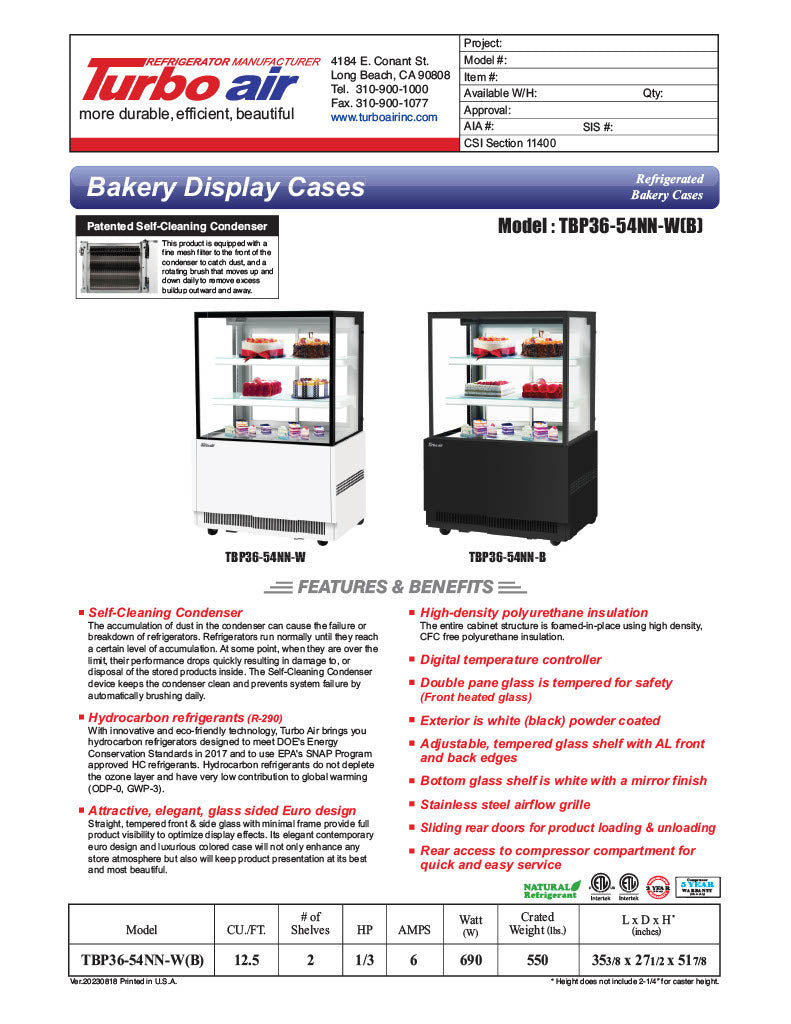 Turbo Air TBP36-54NN-B 35-3/8" Straight Glass Full-Service Bakery Display Case, 3 Levels, Black Exterior, 115v - Donut-Equipment.com