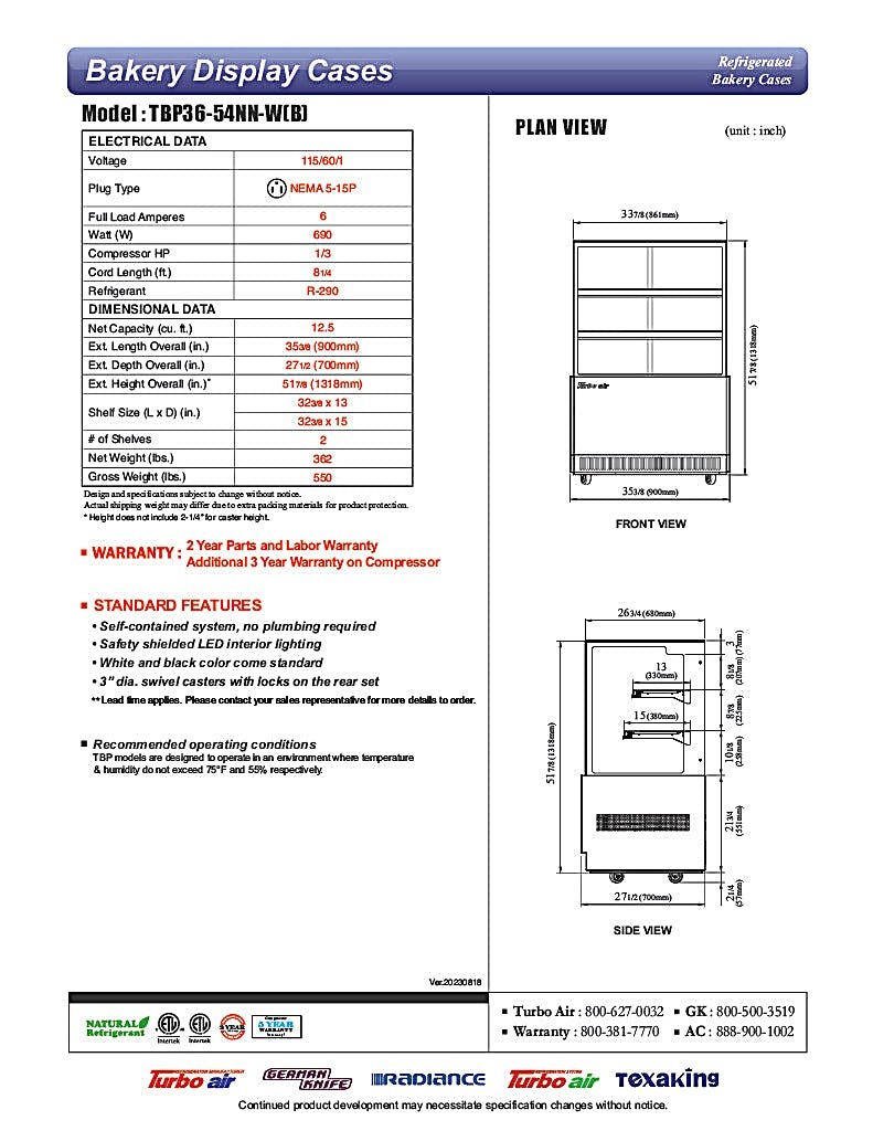 Turbo Air TBP36-54NN-B 35-3/8" Straight Glass Full-Service Bakery Display Case, 3 Levels, Black Exterior, 115v - Donut-Equipment.com