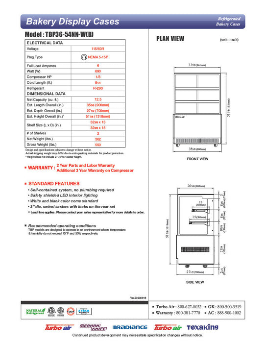 Turbo Air TBP36-54NN-B 35-3/8" Straight Glass Full-Service Bakery Display Case, 3 Levels, Black Exterior, 115v - Bakery Wholesalers
