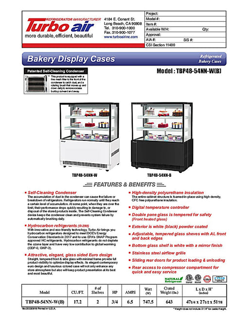 Turbo Air TBP48-54NN-B 47" Straight Glass Full-Service Refrigerated Bakery Display Case, 3 Levels, Black Exterior, 115v - Donut-Equipment.com