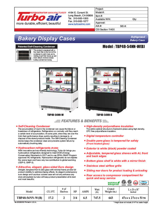 Turbo Air TBP48-54NN-B 47" Straight Glass Full-Service Refrigerated Bakery Display Case, 3 Levels, Black Exterior, 115v - Bakery Wholesalers