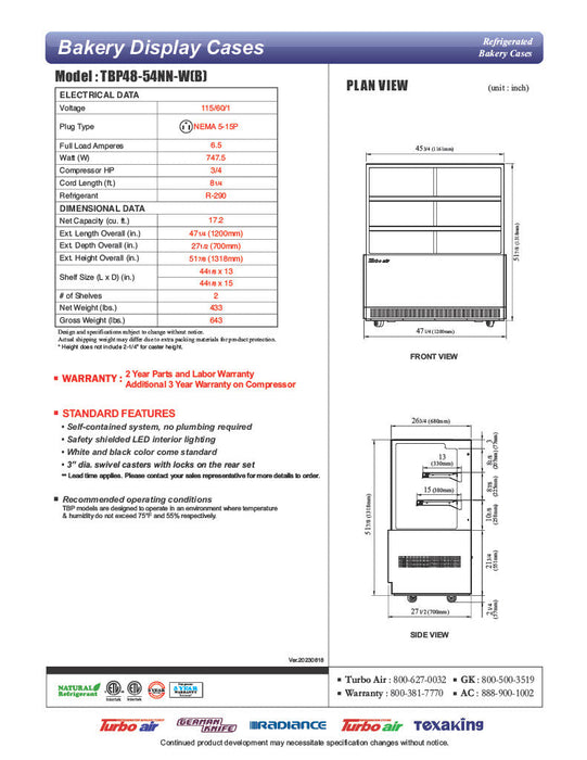 Turbo Air TBP48-54NN-W 47" Straight Glass Full-Service Refrigerated Bakery Display Case, 3 Levels, White Exterior, 115v - Bakery Wholesalers