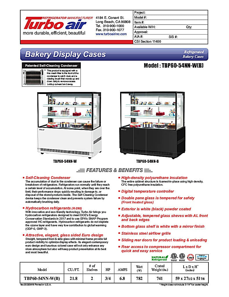 Turbo Air TBP60-54NN-B 59" Straight Glass Full-Service Bakery Display Case, 3 Levels, Black Exterior, 115v - Donut-Equipment.com