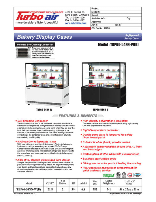 Turbo Air TBP60-54NN-W 59" Straight Glass Full-Service Bakery Display Case, 3 Levels, White Exterior, 115v - Bakery Wholesalers