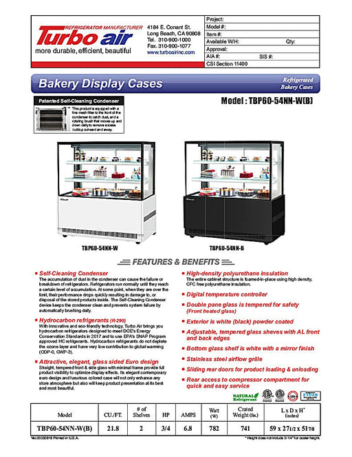 Turbo Air TBP60-54NN-B 59" Straight Glass Full-Service Bakery Display Case, 3 Levels, Black Exterior, 115v - Donut-Equipment.com